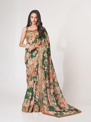 Rajwada Green Printed Organza Saree With Unstitched Blouse For Women