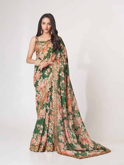 Rajwada Green Printed Organza Saree With Unstitched Blouse For Women