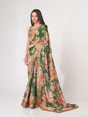 Rajwada Green Printed Organza Saree With Unstitched Blouse For Women