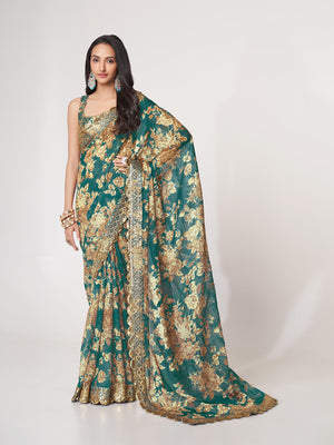 Rajwada Teal Printed Organza Saree With Unstitched Blouse For Women