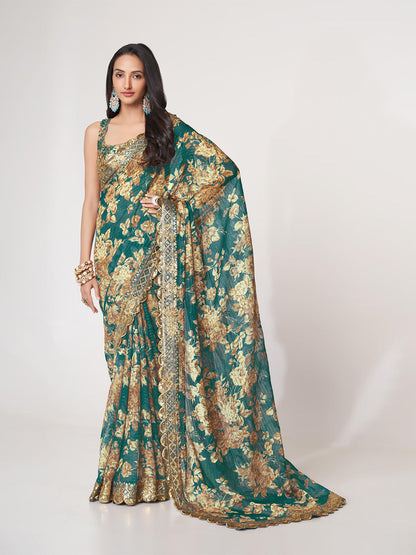 Rajwada Teal Printed Organza Saree With Unstitched Blouse For Women