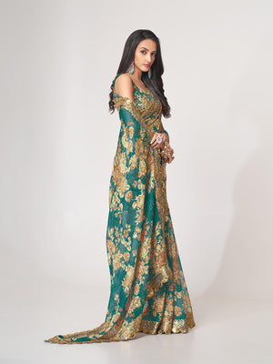 Rajwada Teal Printed Organza Saree With Unstitched Blouse For Women