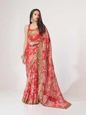 Rajwada Red Printed Organza Saree With Unstitched Blouse For Women