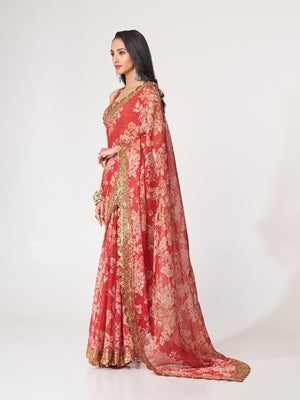 Rajwada Red Printed Organza Saree With Unstitched Blouse For Women