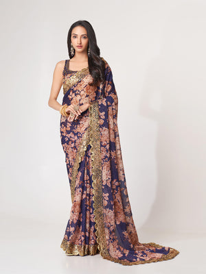 Rajwada Purple Printed Organza Saree With Unstitched Blouse For Women