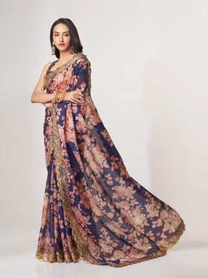 Rajwada Purple Printed Organza Saree With Unstitched Blouse For Women