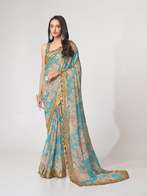 Rajwada Blue Printed Organza Saree With Unstitched Blouse For Women