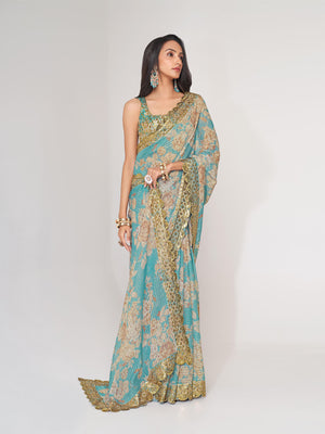 Rajwada Blue Printed Organza Saree With Unstitched Blouse For Women
