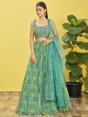 Rajwada Green Organza Silk Embellished Semi Stitched Lehenga With Unstitched Blouse For Women