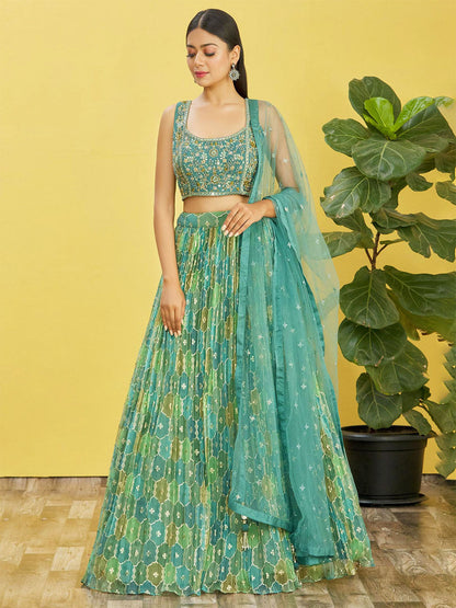 Rajwada Green Organza Silk Embellished Semi Stitched Lehenga With Unstitched Blouse For Women