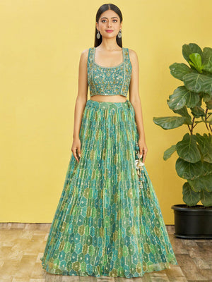 Rajwada Green Organza Silk Embellished Semi Stitched Lehenga With Unstitched Blouse For Women