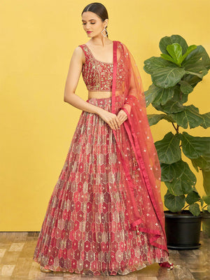 Rajwada Maroon Organza Embellished Semi Stitched Lehenga With Unstitched Blouse For Women