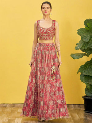 Rajwada Maroon Organza Embellished Semi Stitched Lehenga With Unstitched Blouse For Women
