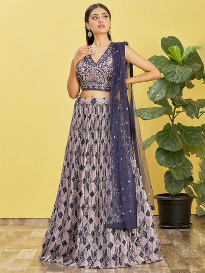 Rajwada Navy Blue Chinon Embellished Semi Stitched Lehenga With Unstitched Blouse For Women