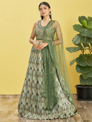 Rajwada Green Chinon Embellished Semi Stitched Lehenga With Unstitched Blouse For Women