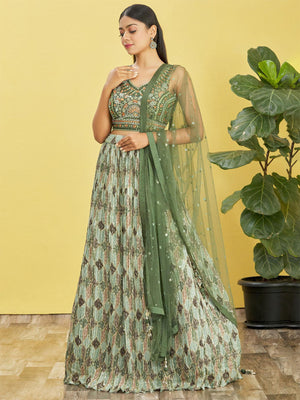 Rajwada Green Chinon Embellished Semi Stitched Lehenga With Unstitched Blouse For Women