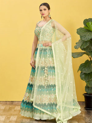 Rajwada Light Green Chinon Embellished Semi Stitched Lehenga With Unstitched Blouse For Women