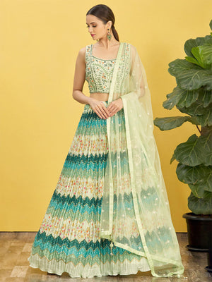 Rajwada Light Green Chinon Embellished Semi Stitched Lehenga With Unstitched Blouse For Women