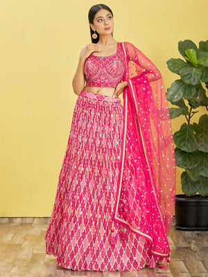 Rajwada Pink Chinon Embellished Semi Stitched Lehenga With Unstitched Blouse For Women