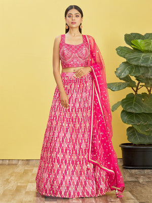 Rajwada Pink Chinon Embellished Semi Stitched Lehenga With Unstitched Blouse For Women