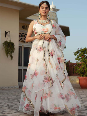 Rajwada White Organza Printed Semi Stitched Lehenga With Unstitched Blouse For Women