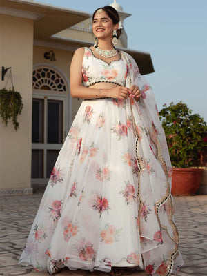 Rajwada White Organza Printed Semi Stitched Lehenga With Unstitched Blouse For Women