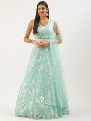 Rajwada Light Blue Soft Net Embellished Semi Stitched Lehenga With Unstitched Blouse For Women
