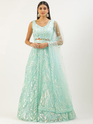 Rajwada Light Blue Soft Net Embellished Semi Stitched Lehenga With Unstitched Blouse For Women