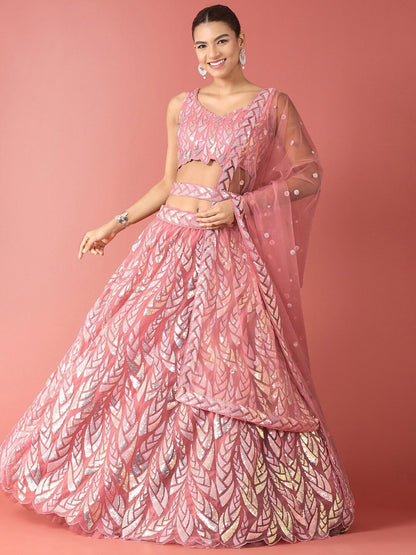 Rajwada Light Pink Soft Net Embellished Semi Stitched Lehenga With Unstitched Blouse For Women