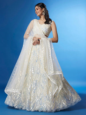Rajwada White Soft Net Embellished Semi Stitched Lehenga With Unstitched Blouse For Women