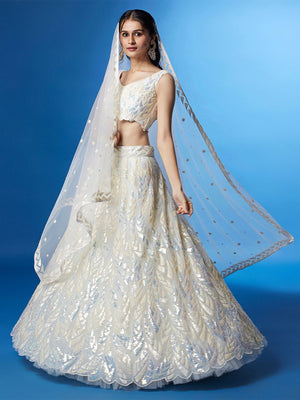 Rajwada White Soft Net Embellished Semi Stitched Lehenga With Unstitched Blouse For Women