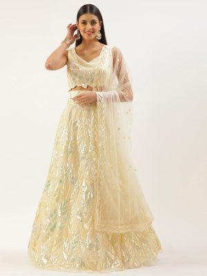 Rajwada Light Yellow Soft Net Embellished Semi Stitched Lehenga With Unstitched Blouse For Women