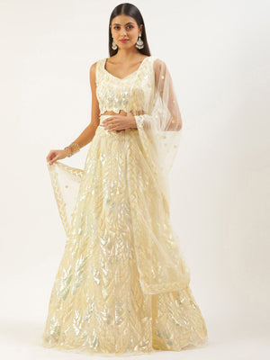 Rajwada Light Yellow Soft Net Embellished Semi Stitched Lehenga With Unstitched Blouse For Women