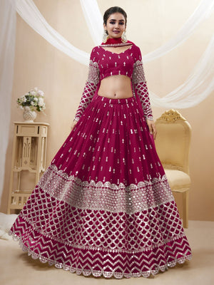 Rajwada Dark Pink Georgette Embroidered Semi Stitched Lehenga With Unstitched Blouse For Women