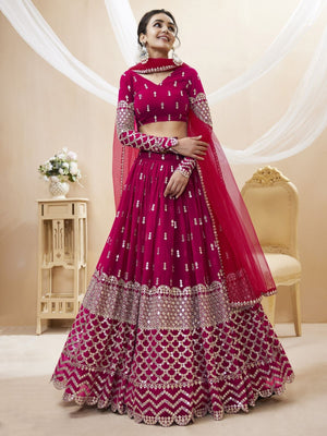 Rajwada Dark Pink Georgette Embroidered Semi Stitched Lehenga With Unstitched Blouse For Women