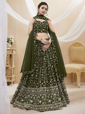 Rajwada Olive Georgette Embellished Semi Stitched Lehenga With Unstitched Blouse For Women