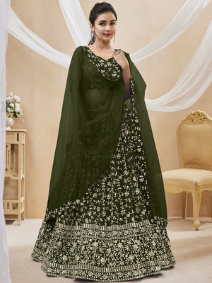 Rajwada Olive Georgette Embellished Semi Stitched Lehenga With Unstitched Blouse For Women