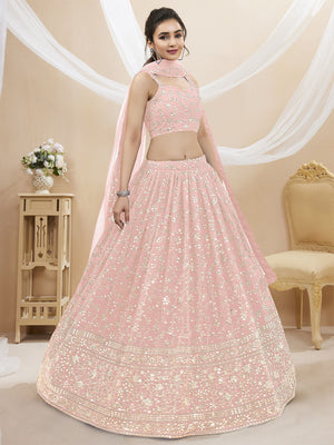 Rajwada Light Pink Georgette Embellished Semi Stitched Lehenga With Unstitched Blouse For Women