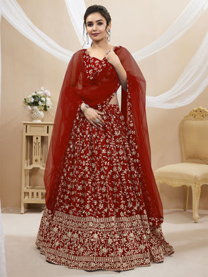Rajwada Red Georgette Embellished Semi Stitched Lehenga With Unstitched Blouse For Women