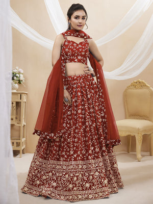 Rajwada Red Georgette Embellished Semi Stitched Lehenga With Unstitched Blouse For Women