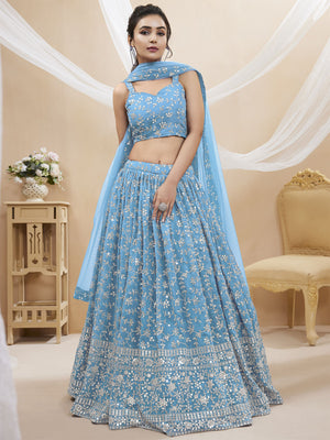 Rajwada Light Blue Georgette Embellished Semi Stitched Lehenga With Unstitched Blouse For Women