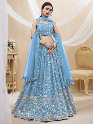 Rajwada Light Blue Georgette Embellished Semi Stitched Lehenga With Unstitched Blouse For Women