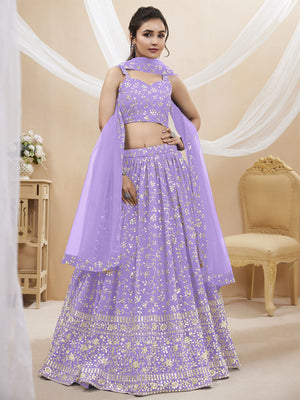 Rajwada Lavender Georgette Embellished Semi Stitched Lehenga With Unstitched Blouse For Women