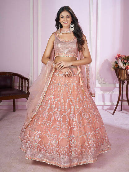 Rajwada Peach Soft Net Embellished Semi Stitched Lehenga With Unstitched Blouse For Women