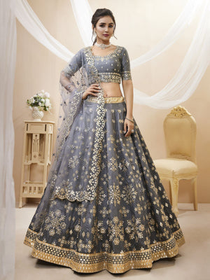 Rajwada Grey Art Silk Embroidered Semi Stitched Lehenga With Unstitched Blouse For Women