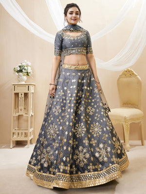 Rajwada Grey Art Silk Embroidered Semi Stitched Lehenga With Unstitched Blouse For Women
