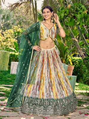 Rajwada Green Chinon Embellished Semi Stitched Lehenga With Unstitched Blouse For Women
