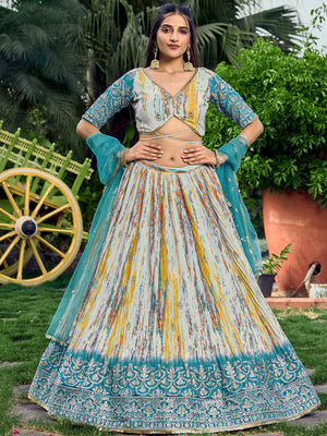 Rajwada Teal Chinon Embellished Semi Stitched Lehenga With Unstitched Blouse For Women