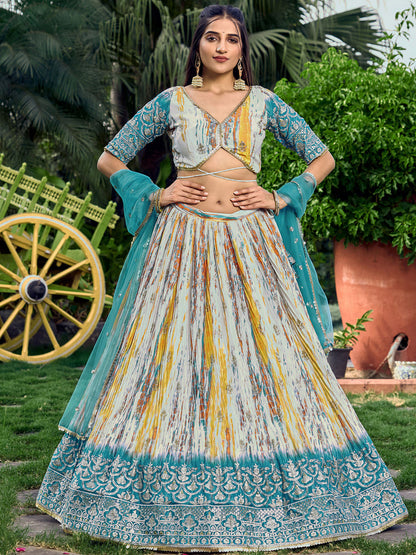 Rajwada Teal Chinon Embellished Semi Stitched Lehenga With Unstitched Blouse For Women