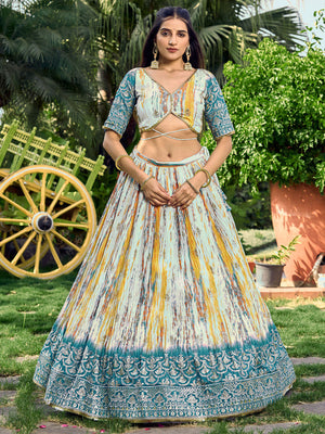 Rajwada Teal Chinon Embellished Semi Stitched Lehenga With Unstitched Blouse For Women